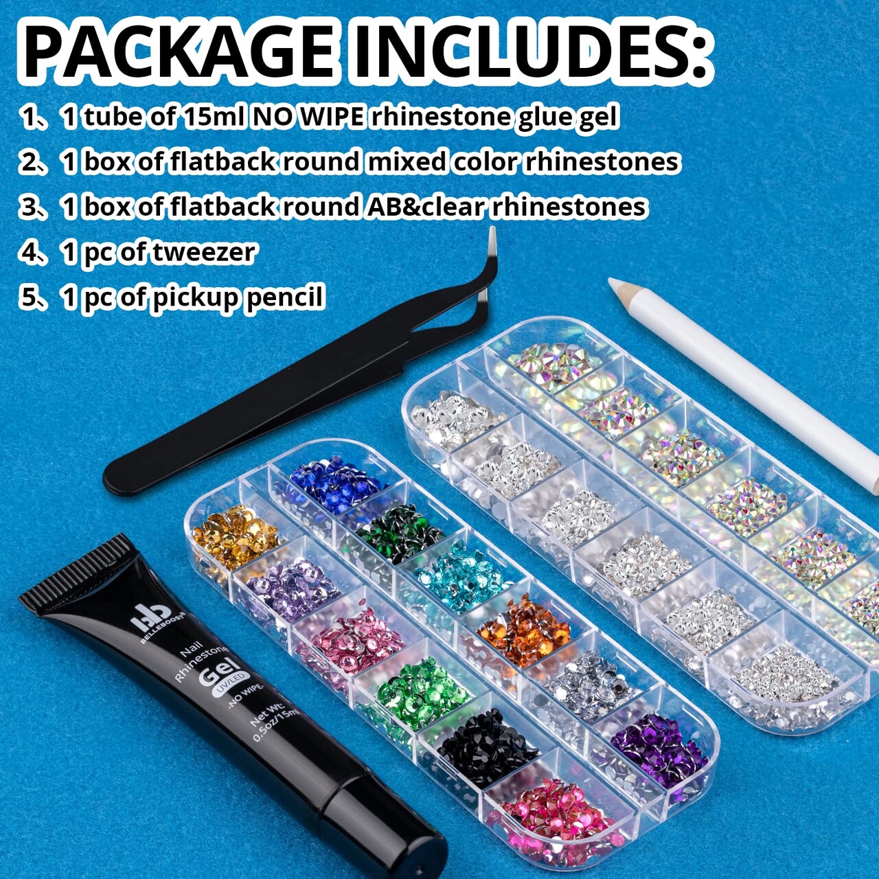 1 Tube of 15ml Gel + Colorful Gems + Flat-back Round Glass Crystals With Pickup Tools